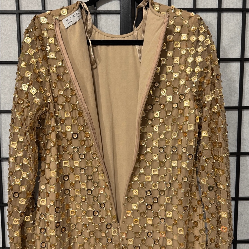 ✨ Mac Duggal Gold Beaded Georgette Long Sleeve Fitted Midi Dress ✨ size 14 - Picture 6 of 10